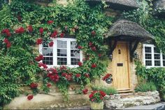 a house with roses growing all over it's walls and windows on the outside