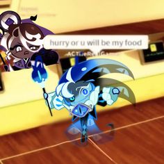 an animated character holding a tennis racket on top of a wooden floor in front of a sign that says hurry or will i be my food?