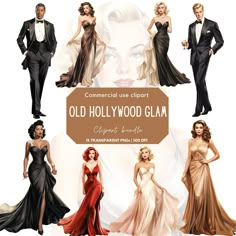 an old hollywood glam advertisement with women in evening gowns and men in tuxedos