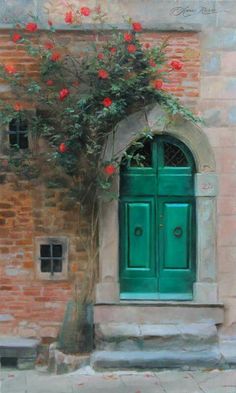 a painting of a green door with red flowers on the outside and brick wall behind it