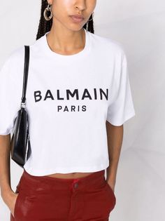 White Outfit Women, Balmain Shirt, Paris Logo, Balmain Paris, Paris Print, White Outfit, Pierre Balmain, Crop Tshirt, Business Fashion