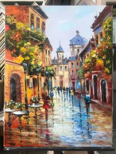 a painting of people walking in the rain on a city street with buildings and trees