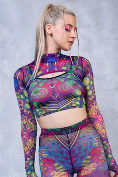 $44 Stretch Multicolor Top For Yoga, Multicolor Stretch Top For Yoga, Stretch Multicolor Yoga Top, Fitted Long Sleeve Rave Top, Stretch Purple Top For Festival, Stretch Purple Tops For Festival, Fitted Long Sleeve Mesh Top For Festival, Stretch Rave Tops For Spring, Stretch Top For Spring Rave