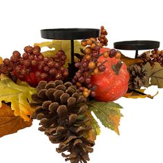 an arrangement of autumn leaves, acorns and pine cones