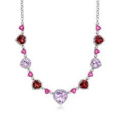 Ross-Simons - 26.70ct t. w. Multi-Gemstone Heart Necklace in Silver. 18". Bursting with candy-colored jewels, this necklace is an elaborate love letter to high fashion. A generous total of 26.70 ct. tot. gem wt. heart-shaped amethysts, pink topaz, garnets and round white topaz drape the neckline, creating a romantic array of hues you'll be in awe of forever. It's sure to stun as a surprise gift to your sweetheart, too! Set in sterling silver. Suspends from a rolo chain with a 2" extender. Lobste Garnet Birthstone, Fine Jewelery, Pink Topaz, Jewelry Essentials, Heart Gemstone, Surprise Gift, Rolo Chain, Love Letter, Fine Jewellery Necklace