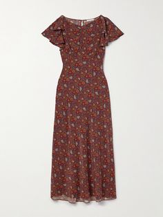 DÔEN's vintage-inspired 'Beatriz' dress is printed with ornate motifs and a variety of flowers in warm, rich colors. It's cut for a figure-skimming fit from silk crepe de chine and has ruffled sleeves and gentle gathering along the bust and waist. Doen Antoinette Dress, Doen Asheville Dress, Dôen Fall, Doen Bijou Dress, Doen Frances Top, Winter Work Wear, Ruffled Sleeves, Red Midi Dress, Silk Crepe