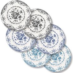 six blue and white plates stacked on top of each other in the shape of flowers