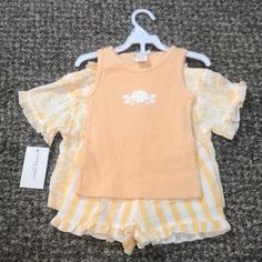 Nwt 3 Piece Summer Set. Tank Top, Shorts, And Button Up Tee. Bow Top Dress, Baby Hat And Mittens, Pink Chiffon Dress, Tank Top Shorts, Laura Ashley Dress, Summer Baby Clothes, Floral Bodysuit, Pink And White Stripes