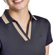 Sporty ladies polo shirt with V-neck in functional pique. Ribbed insert with block stripes at the neckline. Small Cavallo logo on the left chest. Cavallo woven logo on the left arm cuff. COMPOSITION: 96% polyester, 4% elastane Luxury Polo Collar Top With Contrast Trim, Luxury Navy Sporty Polo Shirt, Luxury Ralph Lauren Women's Tops, Luxury Women's Polo Shirt For Work, Luxury Elegant Polo Shirt For Workwear, Luxury Chic Ralph Lauren Tops, Luxury Fitted V-neck Polo Shirt, Cheap Classic Polo Collar Tops, Luxury Classic Navy Polo Shirt