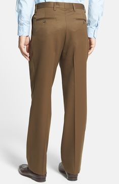 A classic pleated cut styles sharp cuffed trousers fashioned from finely textured super 100s wool gabardine. 20" leg opening; 14" front rise; 19" back rise (size 40x30). Zip fly with hook-and-bar closure. Front slant pockets; back button-closure welt pockets. 100% wool. Dry clean. By Berle; imported. Gabardine Dress, Cuffed Trousers, Pants Style, Trouser Style, Cut And Style, Dress Pants, Khaki Pants, Perfect Fit, Trousers