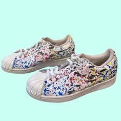 Splattered Adidas Superstar with multi-coloured paint splatters Womens 10.5 Men’s 8.5 #adidas Paint Splatters, Adidas Sneakers Women, Adidas Women, Women's Sneakers, Womens Sneakers, Multi Color, Adidas, Paint, Sneakers