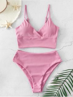 [35% OFF] 2020 ZAFUL Ribbed High Cut Surplice Tankini Swimsuit In FLAMINGO PINK Celana Fashion, Beach Pink, Tankini Swimsuit, Swimsuit Design, Flamingo Pink, Cute Bathing Suits, High Waist Pants, Cute Swimsuits