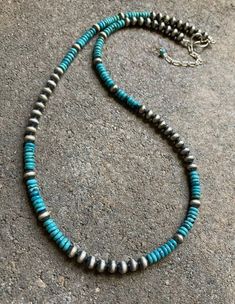 Sterling Silver Turquoise W Navajo Pearls Bead Necklace. 22 inch Western Turquoise Beaded Necklace With Round Beads, Handmade Western Turquoise Necklace With Round Beads, Southwestern Turquoise Necklace With Spacer Beads, Southwestern Turquoise Necklace With Round Beads, Western Turquoise Round Beads Necklace, Hand-strung Turquoise Western Necklace, Southwestern Style Turquoise Necklace With Round Beads, Hand-strung Western Turquoise Necklace, Western Turquoise Round Beaded Necklace