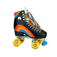 a roller skate with colorful wheels and laces on the top, isolated against a white background