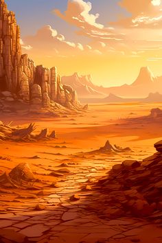 a desert scene with rocks and mountains in the background