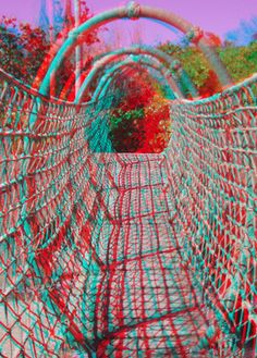 an image of a wire fence that looks like it is going through the woods with red and blue 3d glasses