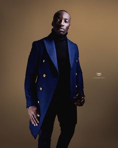 Southern Gents Double Breasted Coat - Navy + Gold Suit Poses, Afro Futurism, Classic Suits, Buy Coats, Navy Coat, Peak Lapel, Clothing Photography, Men Street, Black Men Fashion