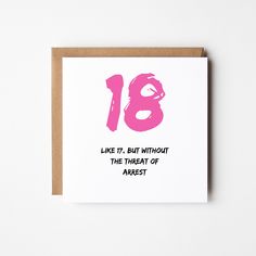 Our funny 18th birthday card for her, in pink. This card is also available in pink and as a 21st, we also have a range of funny age cards in our Etsy shop below. Written and designed by Helen Walters exclusively for shmuncki. The card is 150mm x 150mm square - the inside is blank for your message. Card and envelope are presented in a cellophane sleeve and posted in a hard-backed envelope. We post by First Class Royal Mail which normally takes 1-2 days to arrive. Our poems cannot be reproduced wi 18th Birthday Card, Happy 18th Birthday, Happy Birthday Cards Handmade, Birthday Card Messages