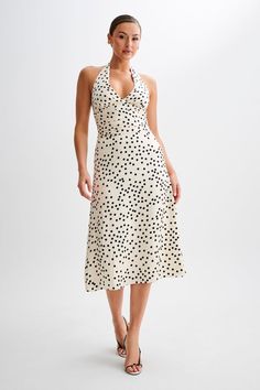 Marguerite Satin Halter Midi Dress - Polkadot White Halter Neck Dress With Ruched Back, Ruched Halter Dress With Fitted Bodice, Sleeveless Halter Dress With Ruched Fitted Bodice, Ruched Sleeveless Halter Dress With Fitted Bodice, Fitted Sleeveless Dress With Gathered Neckline, Fitted Bodice Ruched Halter Dress, Chic Fitted Halter Dress With Gathered Neckline, Fitted Midi Dress With Gathered Halter Neckline, Halter Neck Dress With Gathered Neckline For Date Night