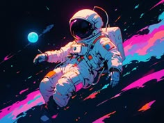 an astronaut floating in the space next to a bright blue and pink background with stars