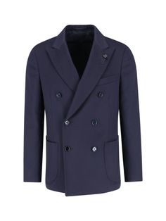 Lardini double-breasted blazer in navy blue cashmere with peak lapels, black logo charm detail, button closure, button cuffs, chest pocket, two front pleats, two side flat pockets, a welt pocket with internal button, white logo label detail, straight hem. Composition: 100% Cashmere Rick Owens Jacket, Cashmere Color, Logo Label, Breasted Blazer, Double Breasted Blazer, Black Logo, Tory Burch Shoes, Welt Pocket, Mens Suits