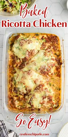 baked ricotta chicken in a casserole dish with text overlay