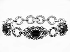 12.60ctw Rectangular Octagonal Black Spinel With Round Marcasite Sterling Silver Toggle Bracelet. Measures  Approximately 0.25"W. Fold Over Clasp. Elegant Formal Chain Bracelet, Classic Formal Jewelry With Stone Setting, Classic Adjustable Jewelry With Stone Setting, Luxury Formal Bracelets With Stone Setting, Luxury Bracelets With Stone Setting For Formal Occasions, Formal Bracelets With Stone Setting, Elegant Black Jewelry With Rectangular Links, Formal Bracelet With Oval Link Clasp, Classic Bangle With Clasp