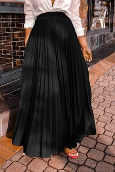 Black Casual Solid Fold Loose High Waist Type A Solid Color Bottoms Look Plus Size, High Waisted Maxi Skirt, Solid Color Pants, Elastic Waist Skirt, Skirt Outfit, Look Plus, Type A, Types Of Skirts, Moda Casual