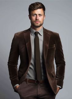 Soft, warm, colorful, and undeniably sleek, our Brown Velvet Suit is set to enhance your look this season. Crafted from premium velvet, this suit epitomizes luxury and style, boasting a plush feel and a deep, rich brown shade. Whether it's a VIP event, a sophisticated wedding, or any setting where your fashion sense takes center stage, this suit ensures you exude grace and style effortlessly.  Look Includes  Brown Velvet Fabric  Two Button Jacket Style   Notch Lapel  Horn Brown Buttons  Single Vent  Three Cuff Buttons  Two Welted Back Pockets on Trousers   Click 'Customize Now' to modify the look if needed.   Lining: Viscose; Dry Clean. Brown Velvet Suit, Brown Velvet Jacket, Velvet Dinner Jacket, Italian Suit, Dinner Jacket, Velvet Suit, Brown Shade, Linen Suits, Sophisticated Wedding