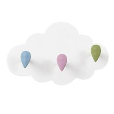 three different colored hearts are hanging from a cloud shaped wall hook on a white background