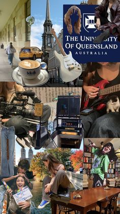 a collage of photos with people and things in the background, including an image of a woman holding a guitar