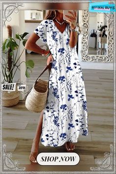 Women's Long Dress Maxi Dress Casual Dress A Line Dress Print Dress Flower Fashion Streetwear Daily Date Vacation Split Print Short Sleeve V Neck Dress Regular Fit Blue Spring Summer S M L Xl Xxl Blue Floral V-neck Dress For Vacation, Blue Printed Floral Beach Dress, Casual V-neck Floral Print Maxi Dress, Casual V-neck Maxi Dress With Floral Print, Blue Flowy V-neck Floral Dress, Casual V-neck Floral Dress For Vacation, Blue Short Sleeve Floral Dress For Vacation, Blue Floral Short Sleeve Dress For Beach, Maxi Dress Casual