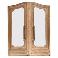 an old wooden double door with mirrors on the front and back doors, isolated against a white background