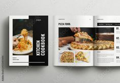 a pizza cookbook is open to show the inside pages and side by side photos