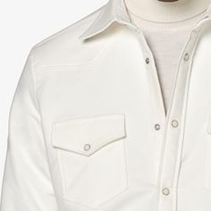 A collection standout with some definitive American flair, this western-style off-white shirt is tailored slim with a stitched-on placket, pointed flap pockets, snap buttons, and classic collar-perfect on its own or layered over a t-shirt for an effortless casual style. Fitted Collared Shirt With Flap Pockets, White Button Closure Shirt For Fall, White Long Sleeve Shirt For Rodeo, Classic Fitted Tops With Flap Pockets, Classic Fitted Top With Flap Pockets, White Cotton Tops With Flap Pockets, White Cotton Top With Flap Pockets, White Shirt With Welt Pockets And Spread Collar, White Collared Shirt With Welt Pockets