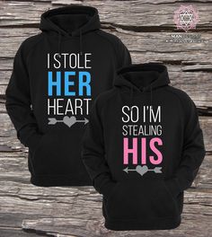 "►ITEM DESCRIPTION >>Listing is for a set of two hoodies >>The print is on the Front of the hoodies ►HOW TO ORDER >> Size - Please review the size chart above for sizing. (This are unisex hoodies) Contact us if you have any questions. >>Please make sure to choose the correct size for him and her ►PRODUCT CARE We professionally heat press the design onto the hoodies and all items are done with professional brand heat transfer vinyl that is built for durability, fade resistance, peel resistance, a Matching Sweaters For Couples Cute Emo Softy, Stealing His Hoodie Quotes, His And Hers Hoodies, Matching Couple Hoodies, Hoodies Couple, Matching Hoodies For Couples, Couple Hoodies, Couple Clothes, Matching Clothing