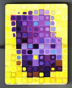 an abstract painting with yellow and purple squares