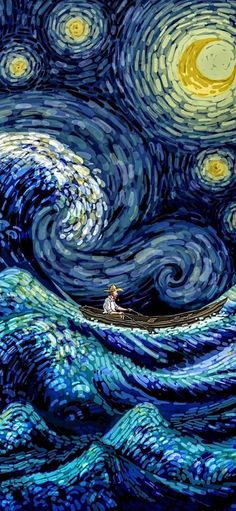 a painting of a man in a boat floating on the water under a starry night sky