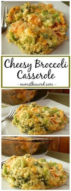 broccoli and cheese casserole is shown in three different pictures with the title above it