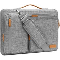 an image of a grey laptop bag with straps on the front and shoulder strap attached to it