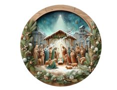 a nativity scene painted on the side of a round wall clock with christmas decorations around it