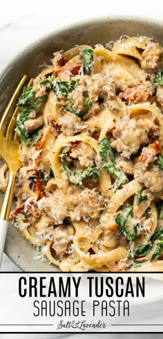 a bowl of pasta with a fork and text overlay that reads creamy tuscan sausage pasta Creamy Tuscan Sausage Pasta, Tuscan Sausage Pasta, Tuscan Sauce, Ground Italian Sausage Recipes, Kielbasa Sausage Recipes, Italian Sausage Casserole, Healthy Sausage Recipes, Italian Sausage Recipes Pasta, Tuscan Sausage