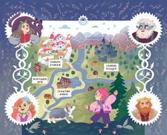 an illustrated map with people and animals around it