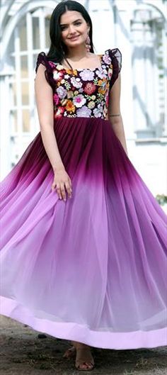 Purple and Violet color Gown in Georgette fabric with Printed work Purple Bridesmaid Ball Gown, Multicolor Floor-length Gown With Fitted Bodice, Multicolor Sleeveless Evening Dress For Wedding, Sleeveless Multicolor Evening Dress For Wedding, Elegant Multicolor Floor-length Gown, Elegant Floor-length Multicolor Gown, Multicolor Evening Dress For Wedding, Multicolor Sleeveless Wedding Dress, Multicolor Fitted Bodice Dress For Wedding