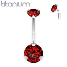 Introducing our exquisite Prong Gem Double Jeweled Implant Grade 23 Solid Titanium Belly Ring, a stunning piece of body jewelry. Choose from a variety of jewel colors, including clear, pink, aqua, red, and purple, to match your style and preferences. With a size of 14 Gauge and a shaft length of 3/8" (10mm), this belly ring ensures a comfortable fit. The balls come in two sizes: 5mm and 8mm, adding a touch of elegance to your look. Each belly ring is sold individually, allowing you to create a u Silver Jeweled Body Jewelry For Gifts, Silver Jeweled Body Jewelry Gift, Hip Implants, Titanium Belly Ring, Jewel Colors, Thread Types, Navel Ring, Red And Purple, Navel Rings