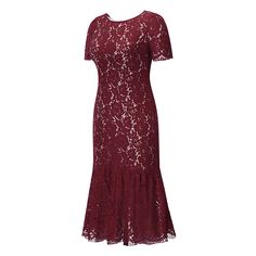 Wine Red Lace Low Back Mermaid Party Dress Red Fishtail Mermaid Dress For Party, Elegant Red Mermaid Dress For Party, Elegant Red Mermaid Fishtail Dress, Red Mermaid Dress For Party, Red Mermaid Hem Evening Dress For Party, Elegant Short Sleeve Mermaid Dress For Party, Red Mermaid Dress For Formal Occasions, Holiday Wedding Mermaid Dress, Fitted Red Mermaid Dress For Party Season