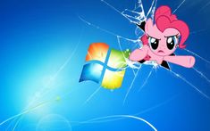 the pinkie is flying through the air in front of a broken window with windows xp logo on it