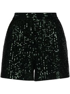 black/dark green sequin design silk lining high-waisted concealed front fastening two diagonal pockets to the sides thigh-length Black Contrast Sequin Summer Bottoms, Black Contrast Sequin Bottoms For Summer, Black Summer Bottoms With Contrast Sequin, Green Sequined Evening Bottoms, Glamorous Green Sequined Bottoms, Green Sequined Party Bottoms, High-waist Sequined Shorts For Night Out, High Waist Sequin Shorts For Night Out, Fitted High-waisted Shorts For Evening