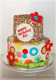 a birthday cake decorated with colorful sprinkles