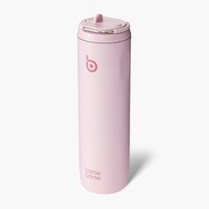 a pink insulated water bottle with the word bottlee on it's side